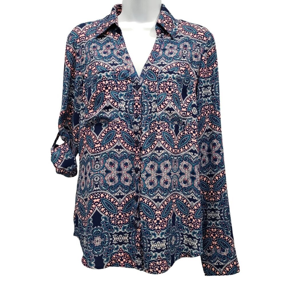 Express Portofino Shirt Paisley Roll Tab Sleeves Boho‎ Chic Office Blue Womens S
